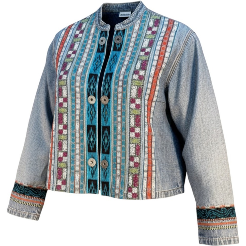 Chicos Embroidered Tribal Denim Jacket Light Wash Blue Size 3 XL Open Front
